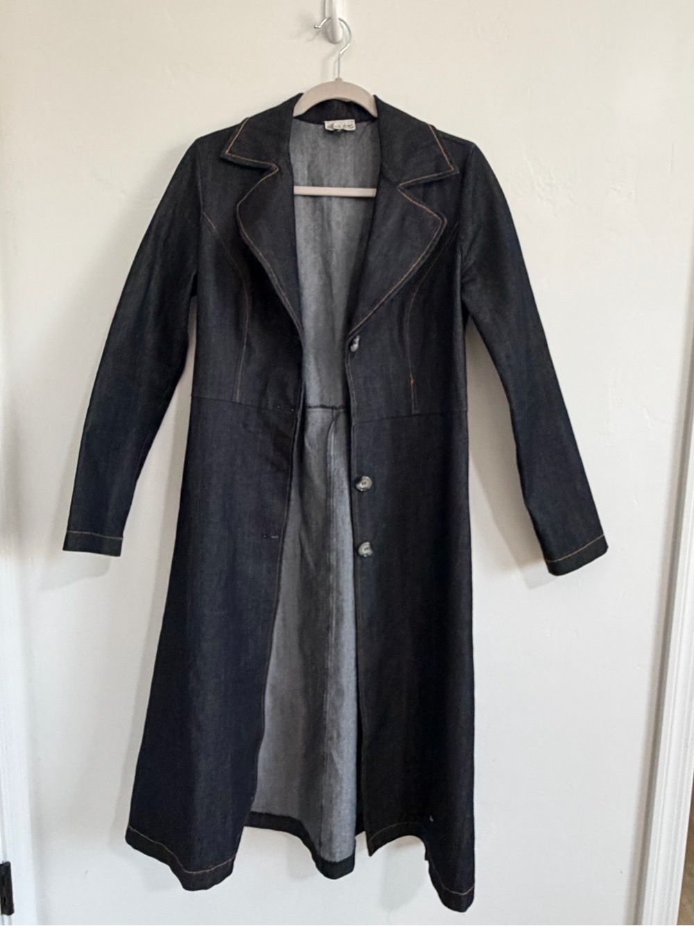 Vintage Gilly Girl Denim Duster Coat Dress Size S Dark Wash Belted Y2K